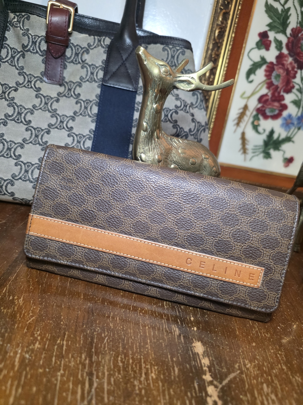 Vintage CELINE Macadam Brown Leather-Trim Continental Long Wallet